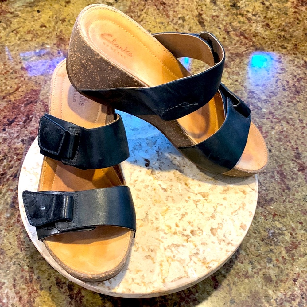 Clarks Artisan Auriel Fin Wedge sandals, size 6, leather upper, cork wedge
